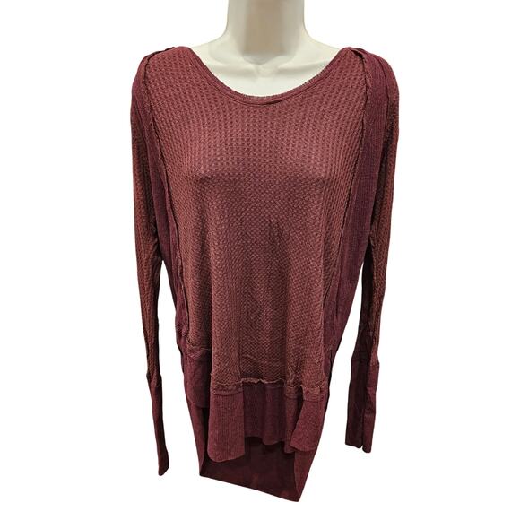 Free People Waffle Knit Laguna Thermal Long Sleeve Burgundy Shirt S raglan slub - Picture 1 of 8
